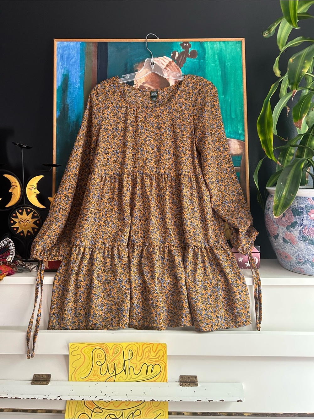 Wild Fable Mustard Floral Tiered Midi Dress Women’s Medium Boho Cottagecore - Picture 7 of 16